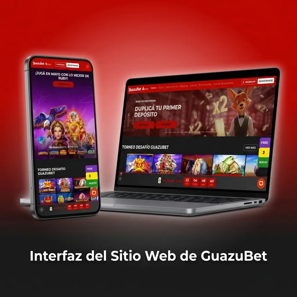 Interfaz del sitio web de GuazuBet Argentina con barra de navegación: Deportes, Casino, eSports y Promociones